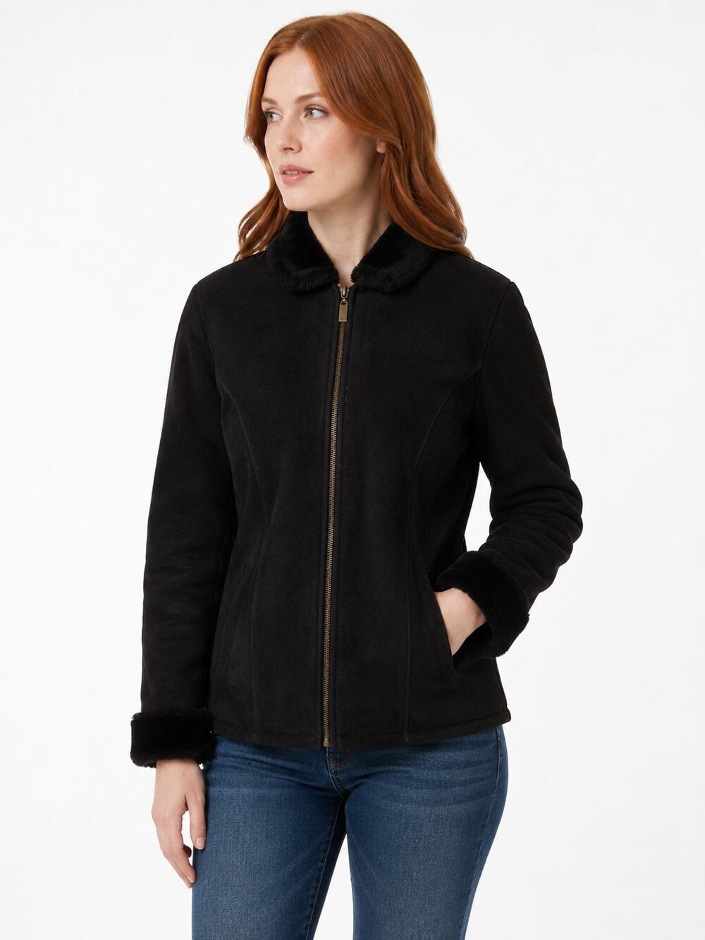 CC269 MARVIN RICHARDS WOMENS SMALL BLACK FAUX SUEDE FAUX FUR TRIM JACKET